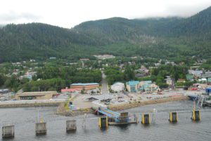 Alaskan city and scenery on shore