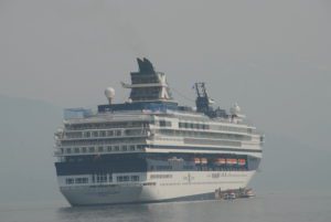 Cruise ship in foggy ocean